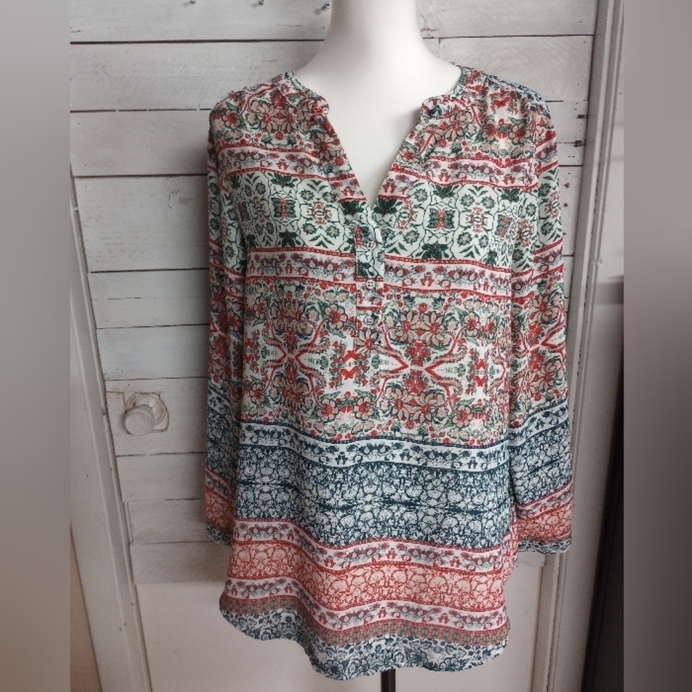 Meera Lane Women's 0X Blue Floral Boho Pullover Vneckline Lightweight Blouse *